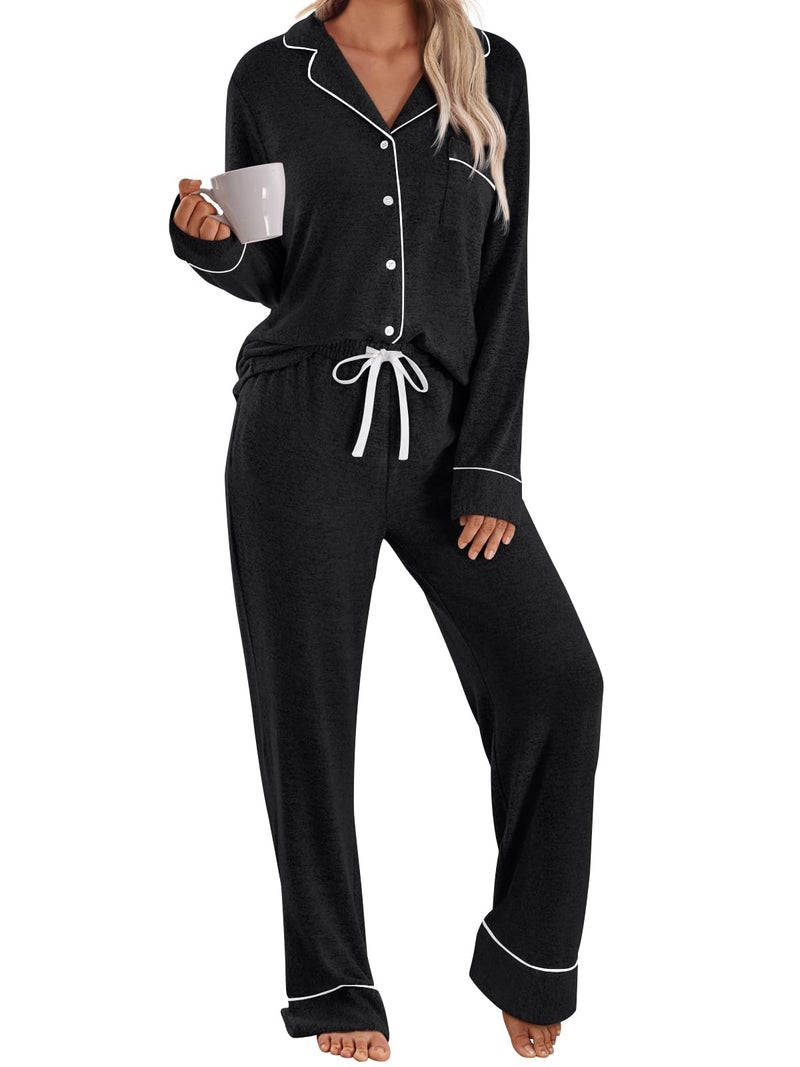 LILLUSORY Women's Long Sleeve Pajama Set - Soft Button-Down Top & Comfortable Drawstring Pants with Pockets Black 2XL - Image 1