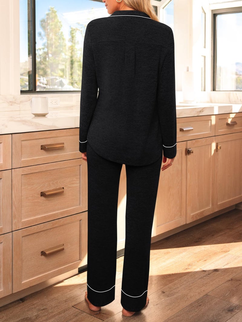 LILLUSORY Women's Long Sleeve Pajama Set - Soft Button-Down Top & Comfortable Drawstring Pants with Pockets Black 2XL - Image 4