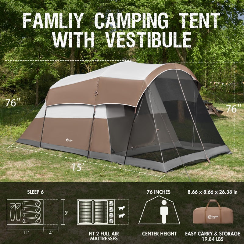 Portal 6 Person Family Camping Tents with Screen Porch, Weater Resistant 7' Tall Tent with Rainfly & Upgrated Poles, Easy Setup Tent for Outdoor Family Camping - Image 1