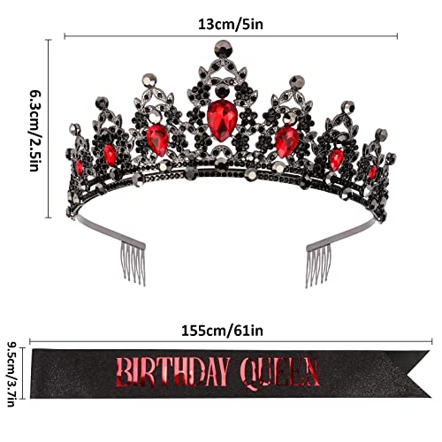 CAVETEE Red Black Birthday Crown and Sash for Women Sash & Rhinestone Tiara Set Red and Black Party Decorations Birthday Queen Crowns Tiaras for Women - Image 5