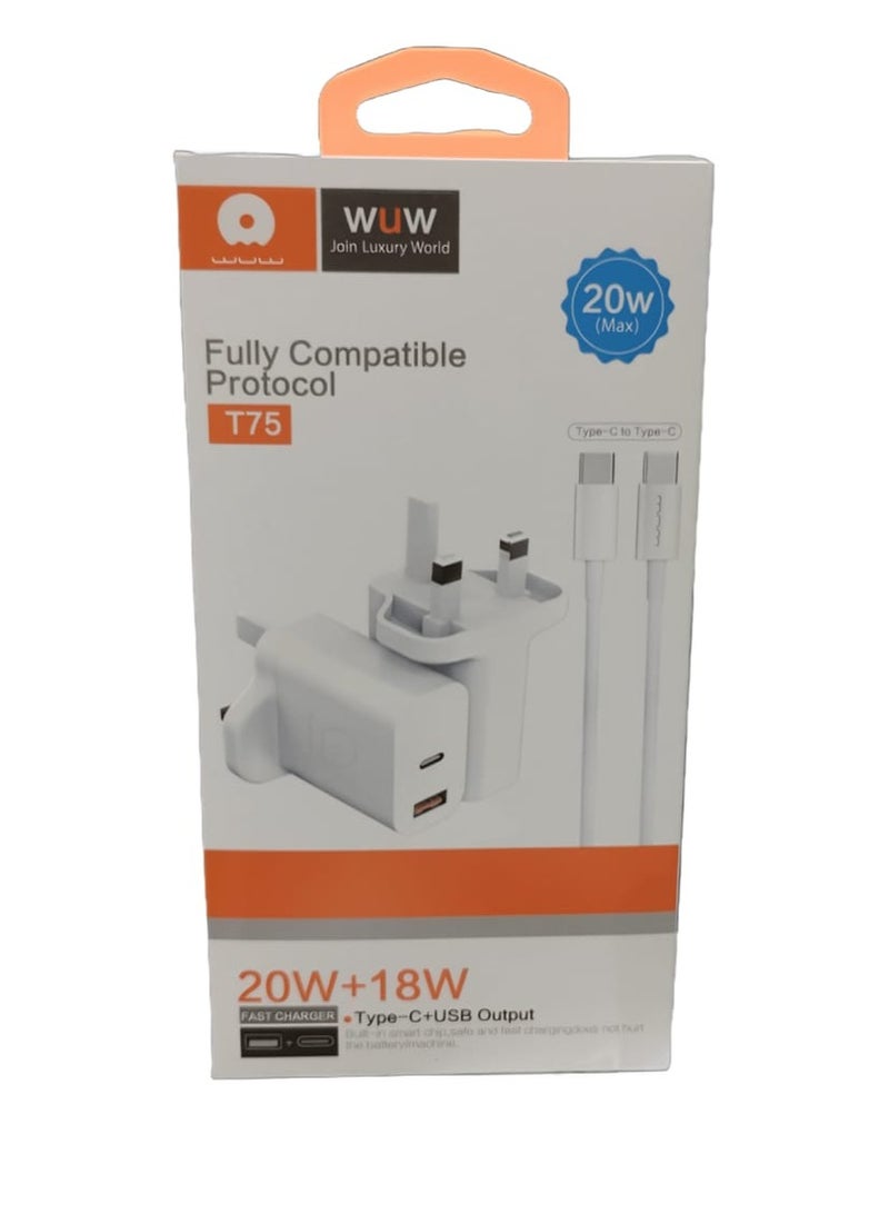 دبليو يو دبليو شاحن بقوة 20 واط مع منافذ USB وType-C مع كابل من النوع C باللون الأبيض - Image 1