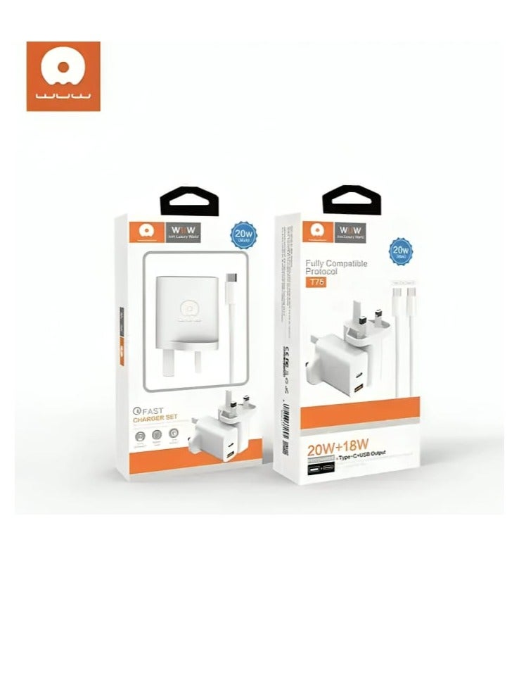 دبليو يو دبليو شاحن بقوة 20 واط مع منافذ USB وType-C مع كابل من النوع C باللون الأبيض - Image 2