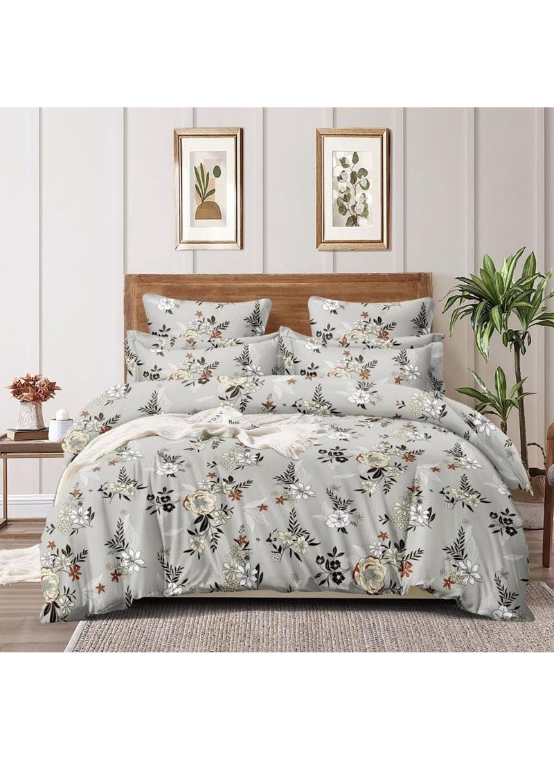 DECOR2ADMIRE DECOR2ADMIRE 300 Thread Count Premium Cotton Queen Size Printed Double Bedsheet with Two Pillow Covers for Home 90 Inches x 100 Inches Grey Floral H603 300 TC  - Image 1