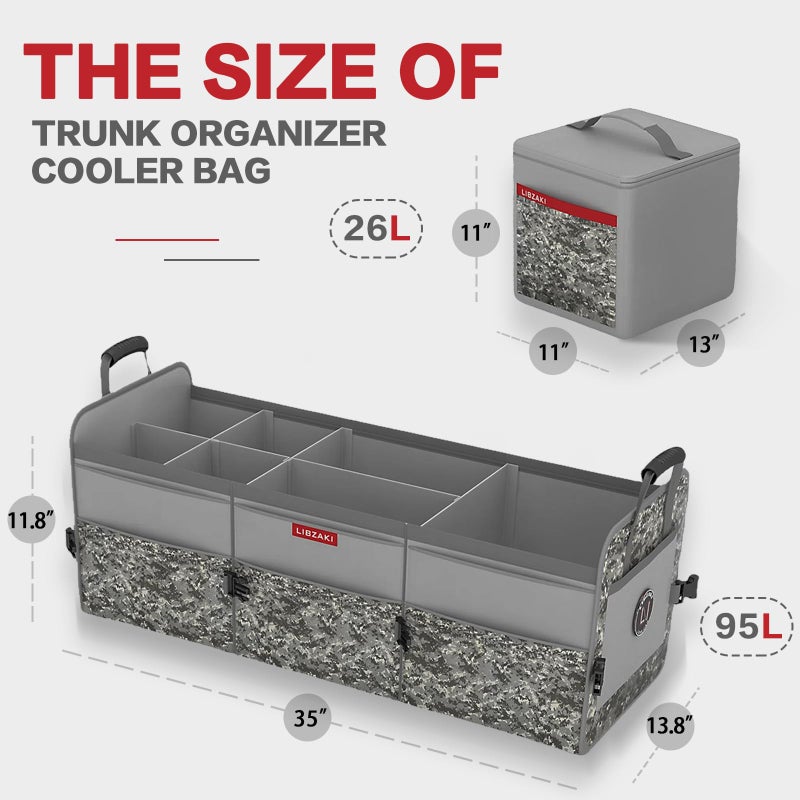 LI LIBZAKI LIBZAKI Car Trunk Organizer,3 Compartments Big Trunk Storage, Large Capacity, Foldable, 95L Heavy Duty Storage Box for Car, SUV, Truck,Jeep, Includes 26L Cooler Bag -Gray Camouflage - Image 2