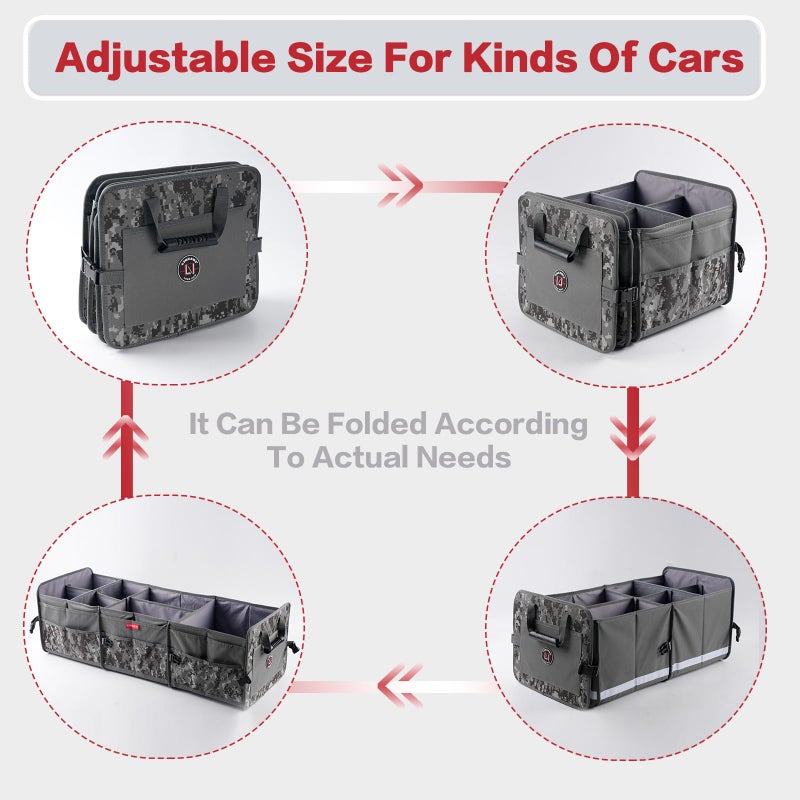 LI LIBZAKI LIBZAKI Car Trunk Organizer,3 Compartments Big Trunk Storage, Large Capacity, Foldable, 95L Heavy Duty Storage Box for Car, SUV, Truck,Jeep, Includes 26L Cooler Bag -Gray Camouflage - Image 3