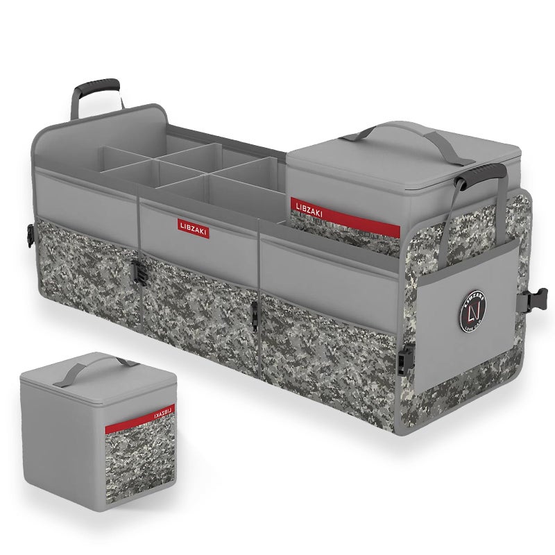 LI LIBZAKI LIBZAKI Car Trunk Organizer,3 Compartments Big Trunk Storage, Large Capacity, Foldable, 95L Heavy Duty Storage Box for Car, SUV, Truck,Jeep, Includes 26L Cooler Bag -Gray Camouflage - Image 1