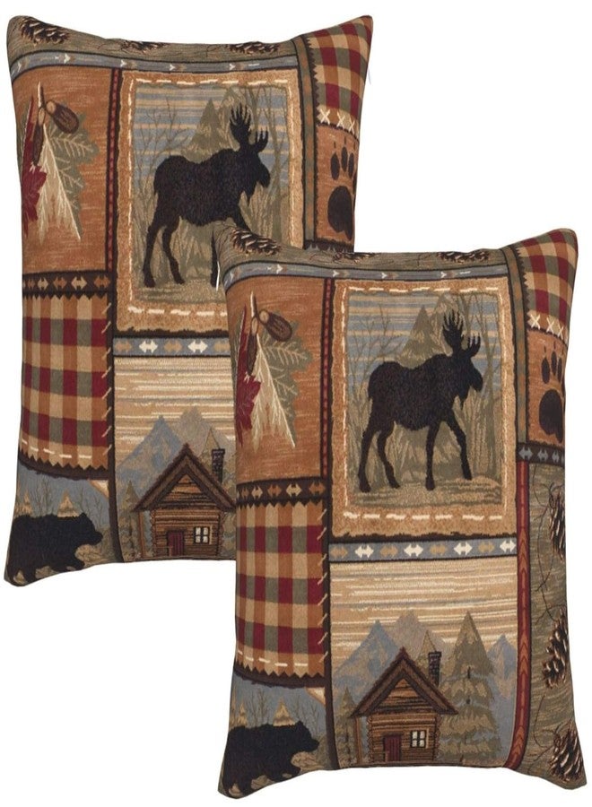 DATANSEN Set of 2 Square18x18 inch Retro Brown Throw PillowCovers Rustic Lodge Bear Moose Decorative Throw Pillowcase for Home Sofa Soft Velvet Cushion Cases (45x45 cm) House Cabin Pine Nut - Image 1