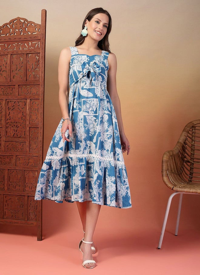 Indibelle Turquoise Blue Floral Printed A-Line Midi Dress - Image 1