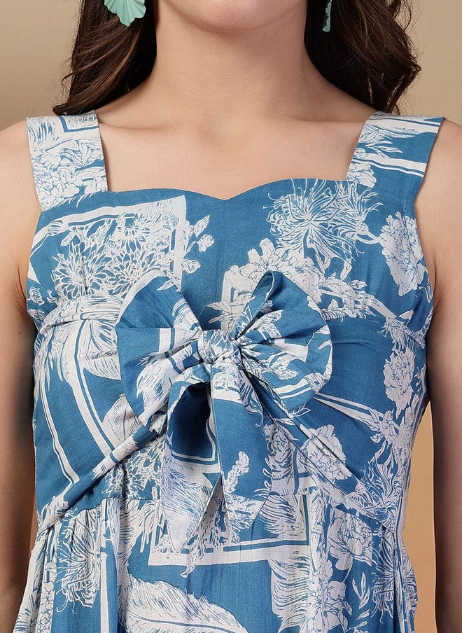 Indibelle Turquoise Blue Floral Printed A-Line Midi Dress - Image 2