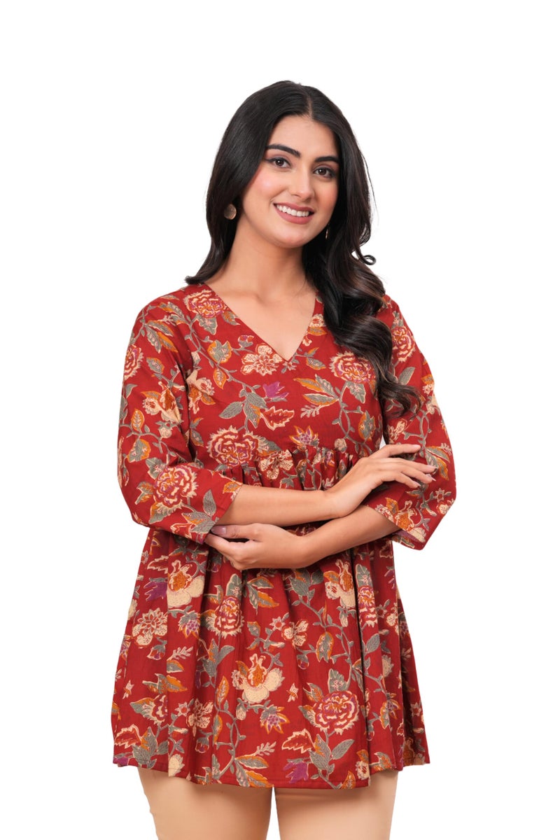 MEERA FAB Cotton Short Kurti Stylish Women's Floral Printed Top Maroon - Image 1