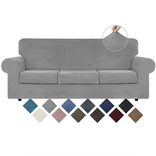 WEERRW 4 Pieces Velvet High Stretch Couch Covers for 3 Cushion Couch Sofa Slipcovers, Washable Furniture Protector with Non Slip Elastic Bottom, Feature Soft and Thick Plush Fabric, Silver Grey, Large - Image 1