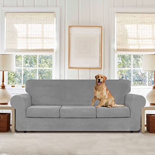 WEERRW 4 Pieces Velvet High Stretch Couch Covers for 3 Cushion Couch Sofa Slipcovers, Washable Furniture Protector with Non Slip Elastic Bottom, Feature Soft and Thick Plush Fabric, Silver Grey, Large - Image 2