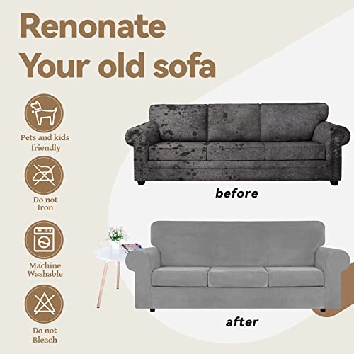 WEERRW 4 Pieces Velvet High Stretch Couch Covers for 3 Cushion Couch Sofa Slipcovers, Washable Furniture Protector with Non Slip Elastic Bottom, Feature Soft and Thick Plush Fabric, Silver Grey, Large - Image 5