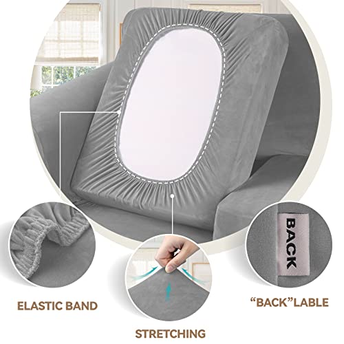 WEERRW 4 Pieces Velvet High Stretch Couch Covers for 3 Cushion Couch Sofa Slipcovers, Washable Furniture Protector with Non Slip Elastic Bottom, Feature Soft and Thick Plush Fabric, Silver Grey, Large - Image 3