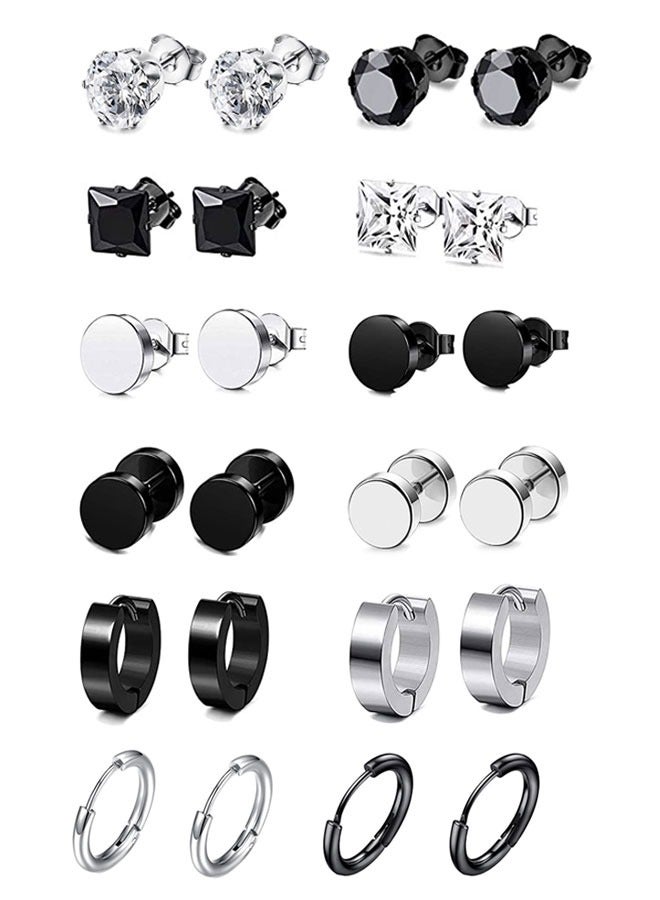 وهاواي 12 Pairs 316L Surgical Stainless Steel Stud Earrings Set for Women Mens Small Hoop Earrings Hypoallergenic Tunnel Punk Style Round Ear Piercing Jewelry(Black Silver) - Image 1