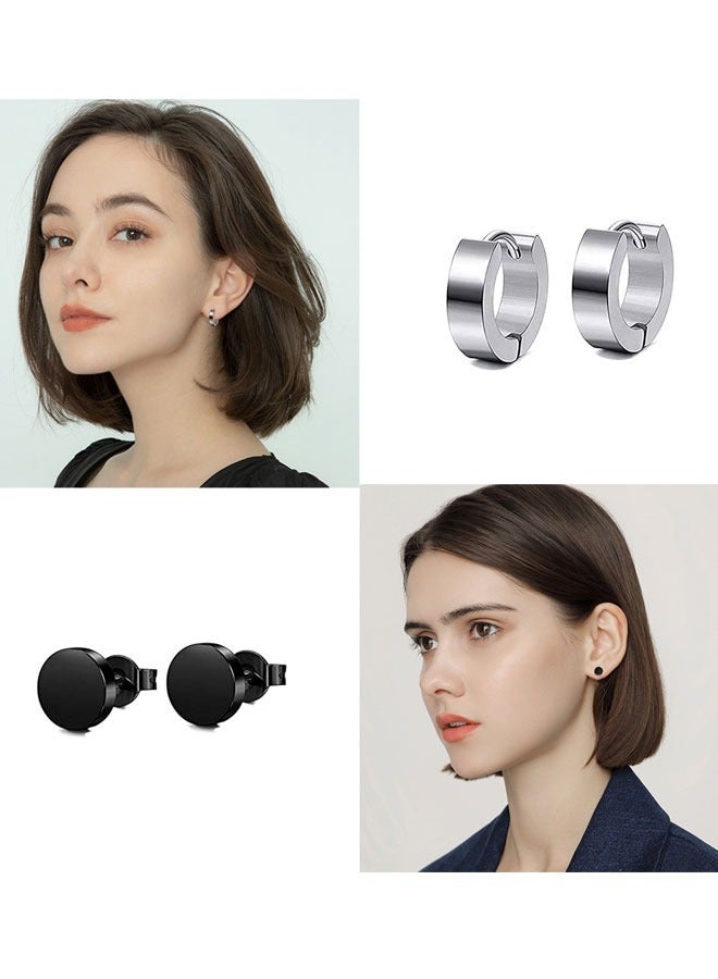 وهاواي 12 Pairs 316L Surgical Stainless Steel Stud Earrings Set for Women Mens Small Hoop Earrings Hypoallergenic Tunnel Punk Style Round Ear Piercing Jewelry(Black Silver) - Image 5
