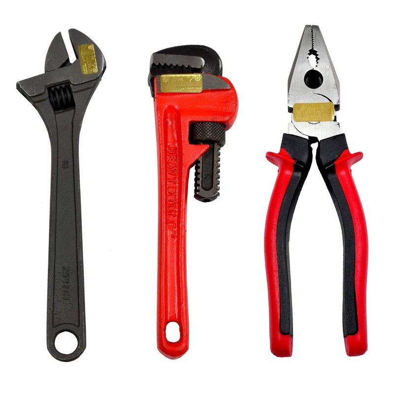 GLOBUS 922 Hand Tool Set3 PCS 8Pipe Wrench 8PLIER 10Adjustable Wrench Black - Image 1