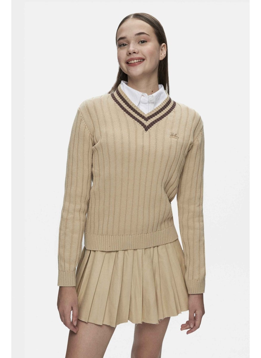 UCLA Pinellas Dark Beige V Neck Jacquard Standard Fit Women's Sweater  - Image 1