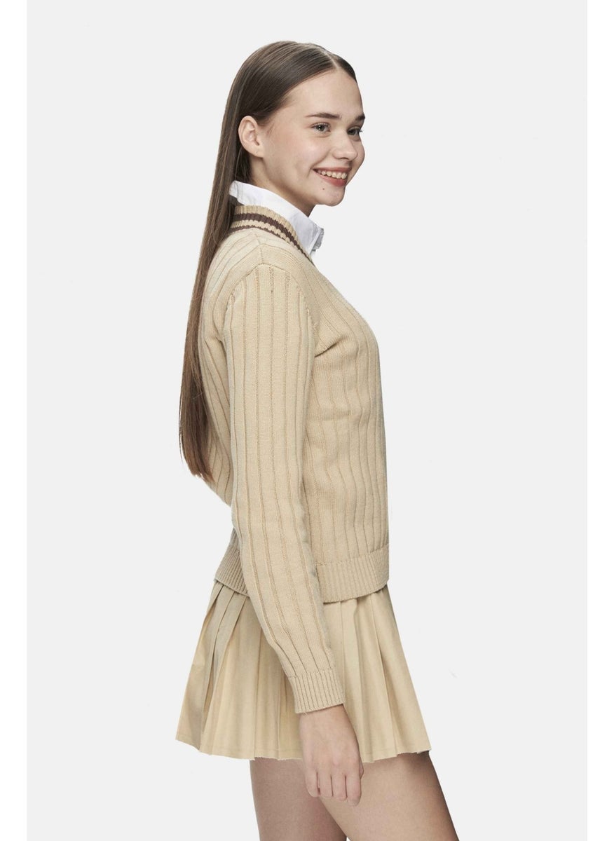 UCLA Pinellas Dark Beige V Neck Jacquard Standard Fit Women's Sweater  - Image 3