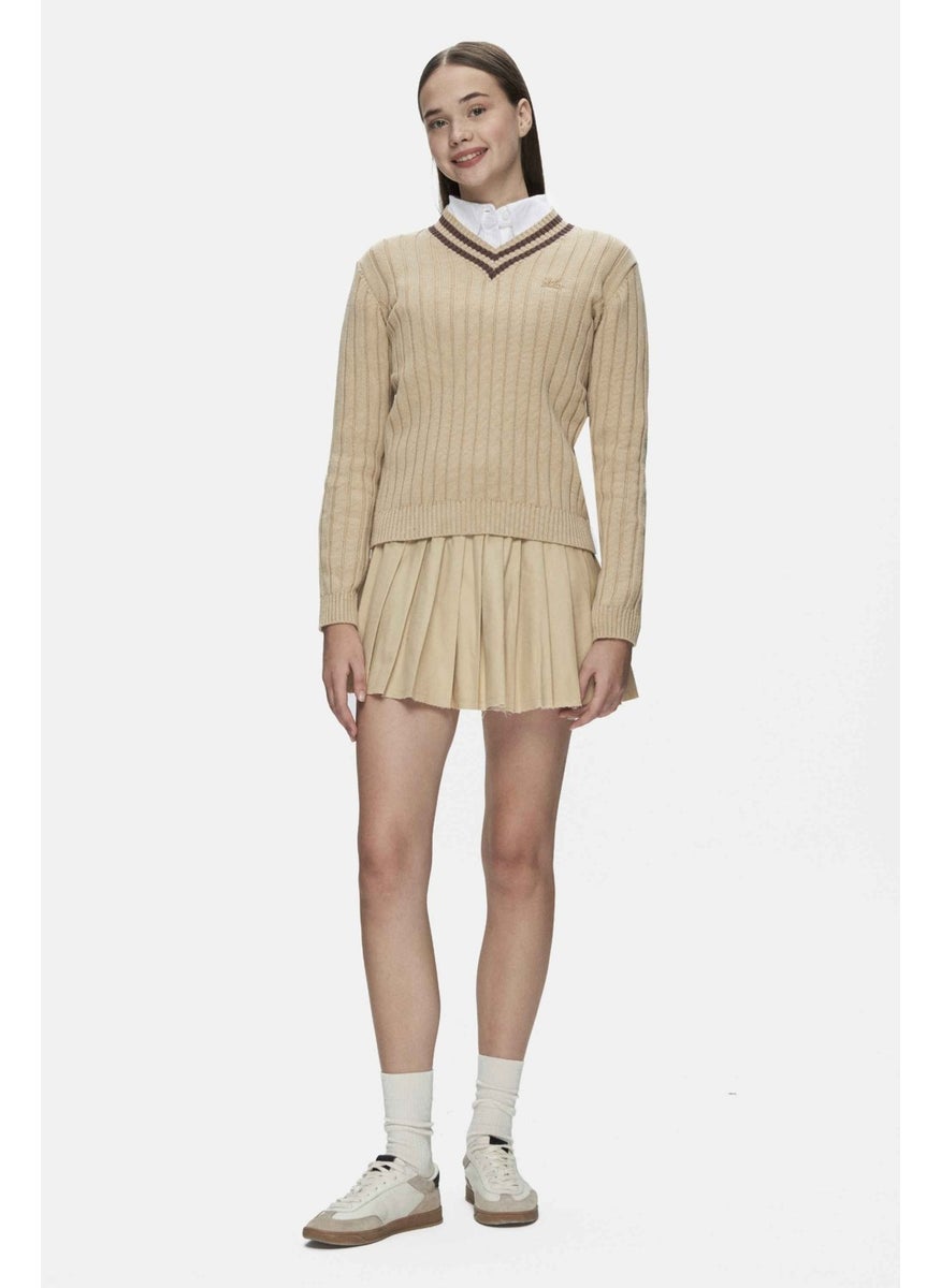 UCLA Pinellas Dark Beige V Neck Jacquard Standard Fit Women's Sweater  - Image 5