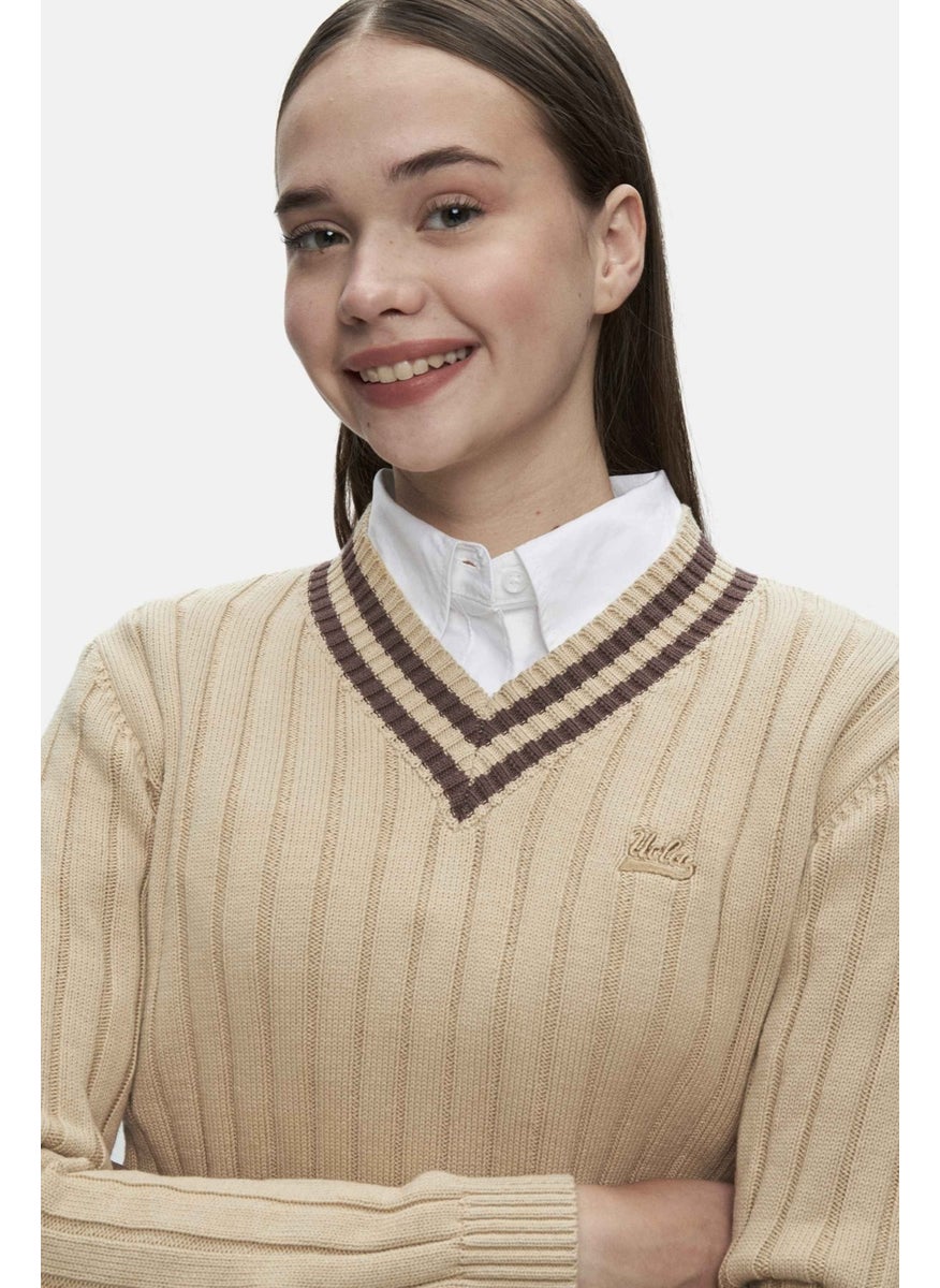 UCLA Pinellas Dark Beige V Neck Jacquard Standard Fit Women's Sweater  - Image 2