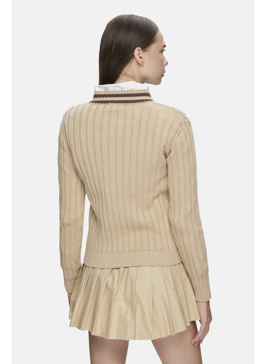 UCLA Pinellas Dark Beige V Neck Jacquard Standard Fit Women's Sweater  - Image 4