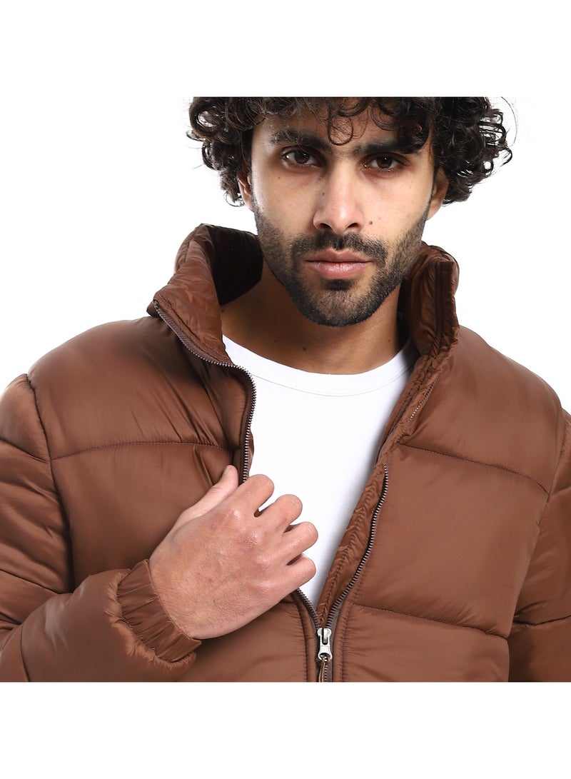 Pavone Zipper Closure Hooded Neck Puffer Jacket - Chocolate Brown - Image 4