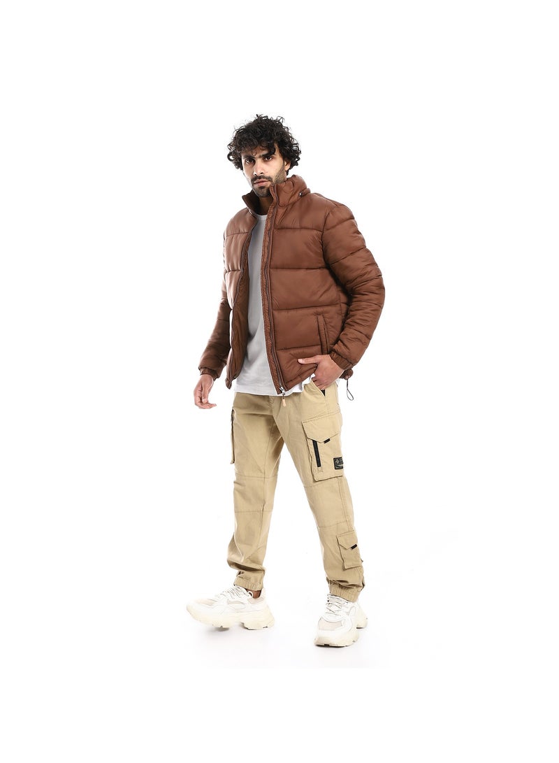 Pavone Zipper Closure Hooded Neck Puffer Jacket - Chocolate Brown - Image 5