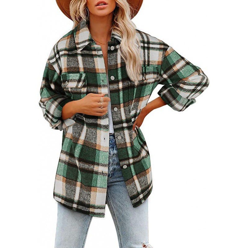 2022 Autumn Winter Plaid Wool Coat Womens Casual Loose Long Sleeve Shirt Gray Green 