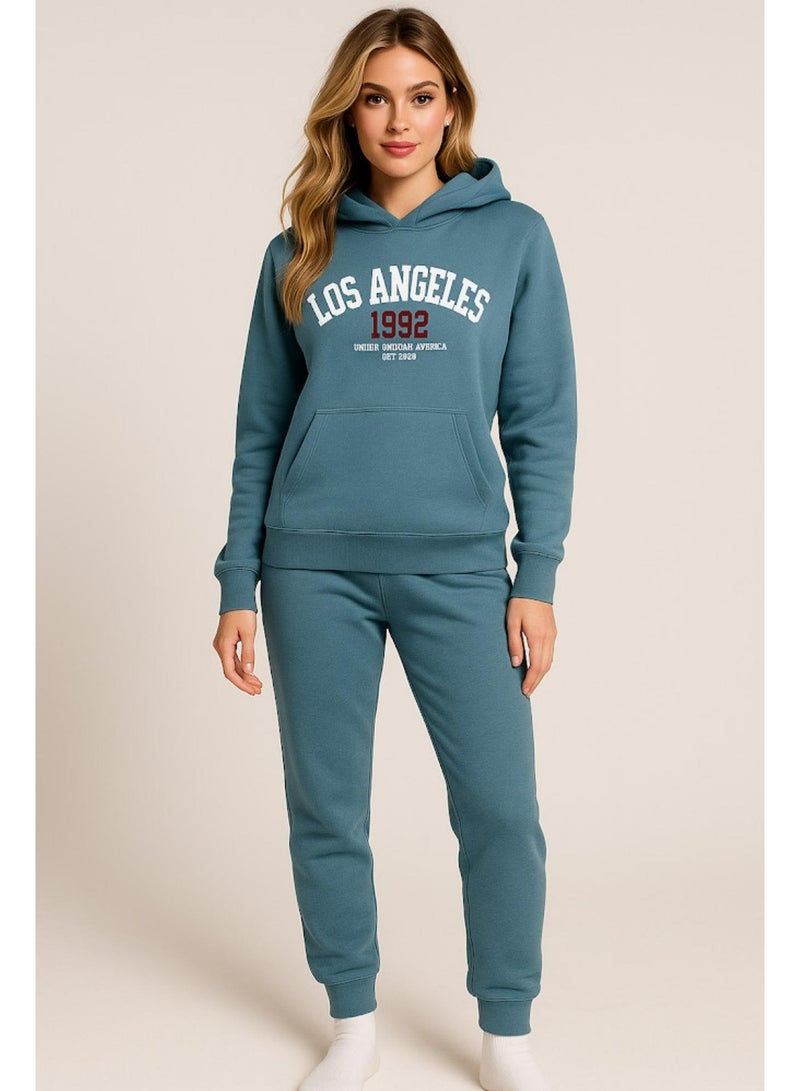 Vanilla VNL Women's Casual Sweatsuit Set, Teal Blue Cotton Blend Hoodie and Joggers, Vintage Athletic Style Code 3426 - Image 1