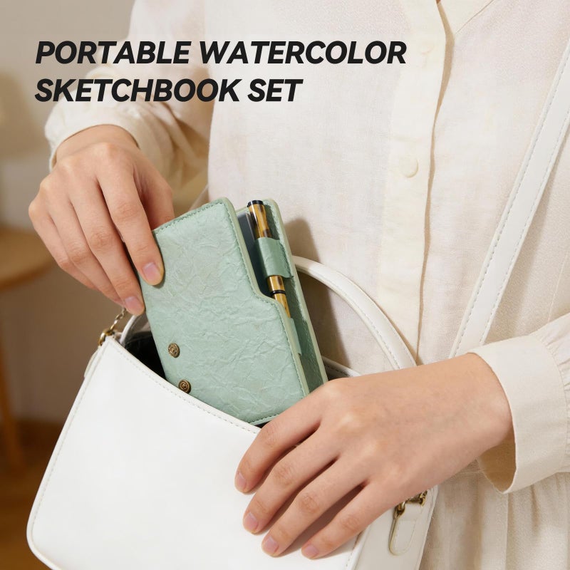Lightwish Portable Watercolor Sketchbook Set - 100% Cotton 5.1x3.0 Inch Hot Press 20 Sheets Binder Art Journal with 18-Well Ceramic Paint Palette & Travel Watercolor Brushes for Artists Outdoor Painting - Image 5