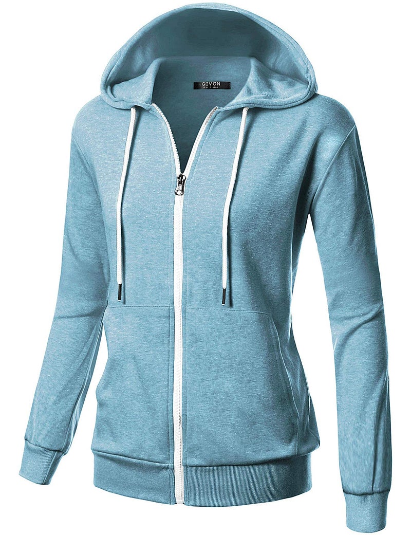 GIVON Womens Casual Zip Up Hoodie Cotton Blend Soft Fabric Basic Layering Hooded Jacket with Kangaroo Pocket / DCF200-SKYBLUE-M - Image 1