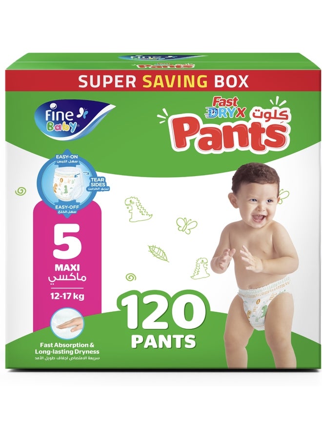 Fine Baby FastDryX Pants, Size 5 Maxi (12-17 kg), 120 Count – Mega Pack Pull-Up Pants, Instant Dry & Leak Proof