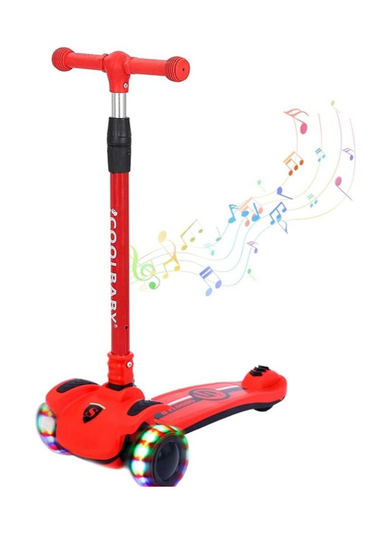 Cool Baby Kid's Scooter 3 Wheels Big Pedal Foldable Kick Scooter with Music, Height Adjustable with LED Light Wheels  - Image 1