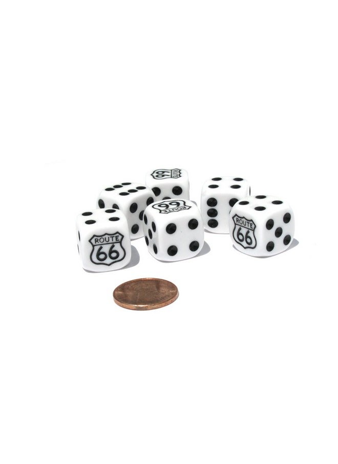 Set of 6 Route 66 16mm D6 Round Edged Koplow Dice - White with Black Pips