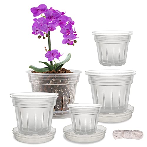 Fabulas Orchid Pot, 8 Clear Orchid Pots with Holes and 6 Saucers, 2 Each of 4.1, 4.8, 5.7 and 6.4 Inch for Repotting, Plastic Planter Breathable Slotted Flower Plant Nursery Planter - Image 1