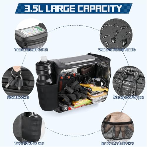 WOTOW Bike Front Handlebar Bag - Large Reflective Bicycle Handlebar Basket Bags Waterproof Storage Pannier for Bike Touchable Transparent Phone Holder Pouch for Men Women Road MTB Outdoor Cycling 3.5L - Image 3
