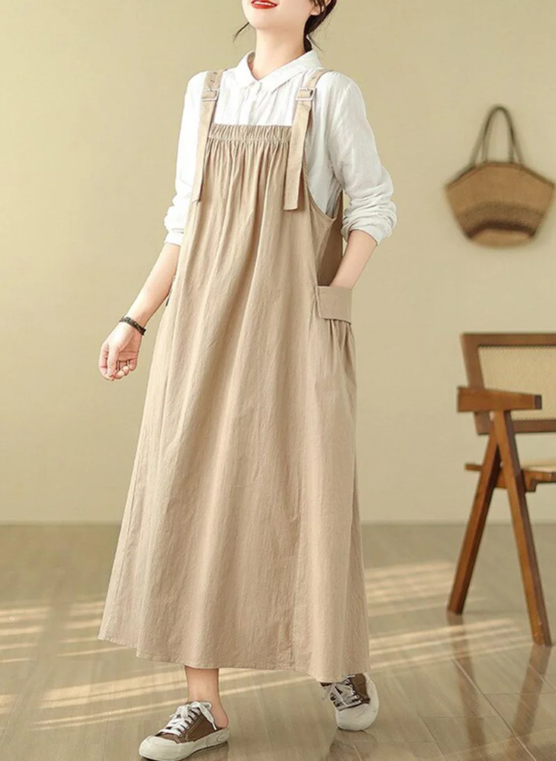 يونيكي Khaki Solid Cotton Dress