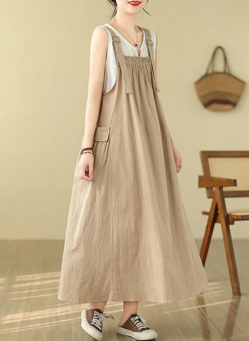 يونيكي Khaki Solid Cotton Dress