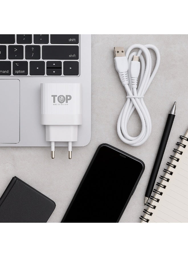 Top Type-C 2 USB Fast Wall Charger - 20W - Auto-ID Technology - Multiple Protections and High Performance - Compatible with All Devices - White - Image 3