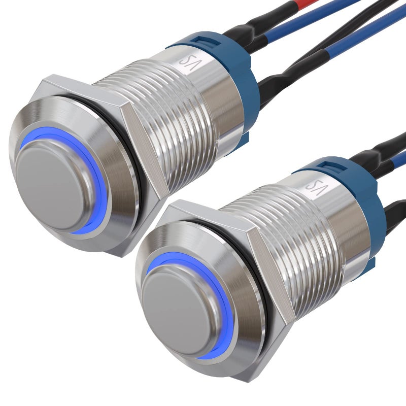 APIELE (Pcs of 2) 12mm Momentary Push Button Switch High Round Head Stainless Steel 1 Normally Open with Ring Led (Blue) - Image 1