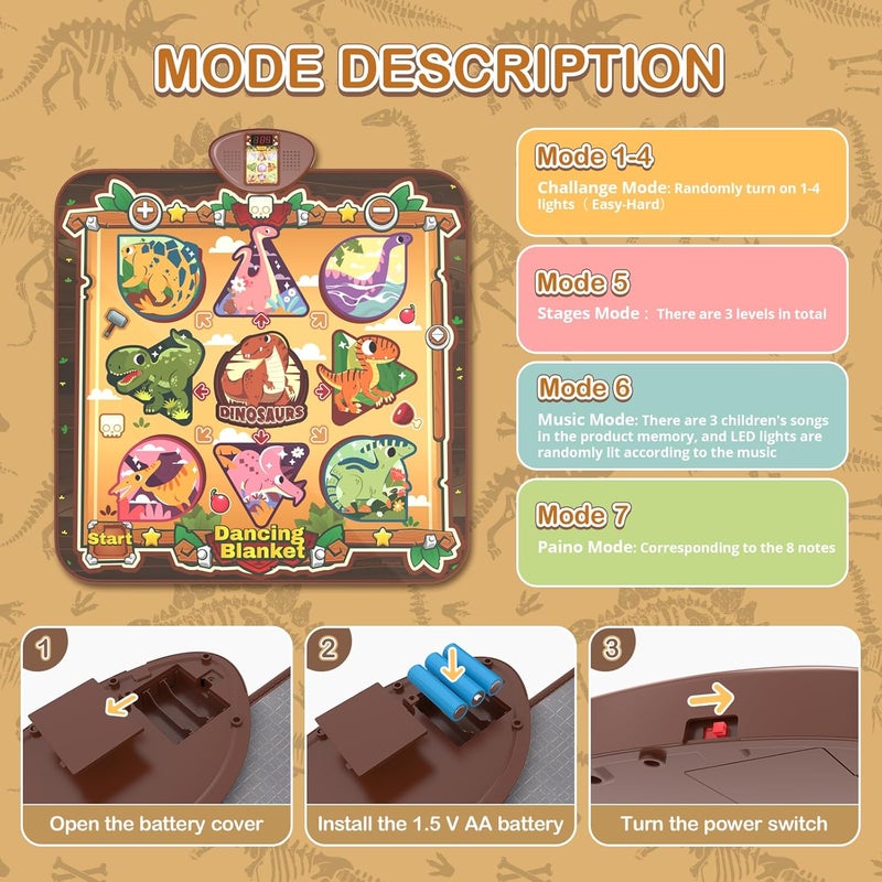 Skirfy Dinosaur Toys, Dance Mat Boys Toys for Kids 3-8, Electronic LED Dance Pad with 7 Games Mode, 5 Challenge Levels, Birthday Girl 3-10 Years Old - Image 4