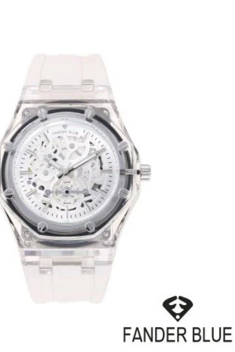 فاندر بلو ساعة رجالية بحزام مطاطي شفاف، تصميم أنيق