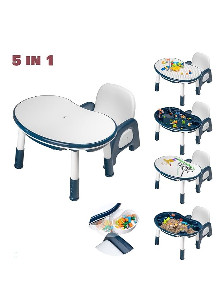 Children Table with Chair, 2in1 Table with 2 baskets, Multi-functional Building Block Table, Learning Eating Table with adjustable legs, Liftable Game Desk, Children Educational Furniture