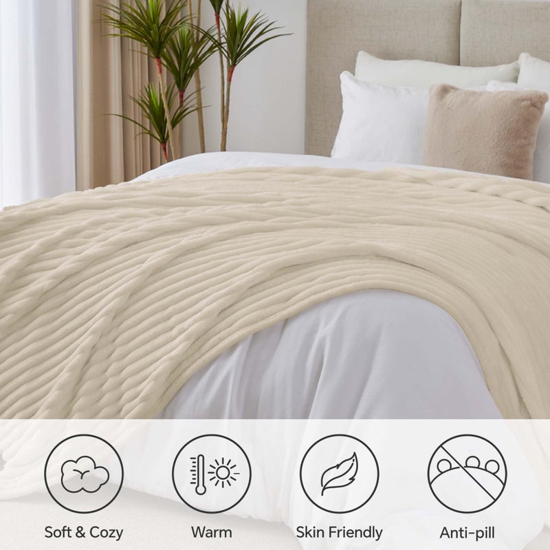 BEDELITE Blankets Queen Size for Bed, 300GSM Soft & Warm Fleece Blanket, Decorative and Giftable Striped Beige Blankets for Women, Men, 90"x90" - Image 2