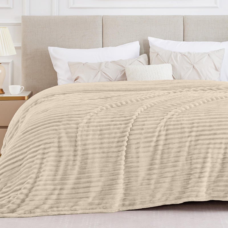 BEDELITE Blankets Queen Size for Bed, 300GSM Soft & Warm Fleece Blanket, Decorative and Giftable Striped Beige Blankets for Women, Men, 90"x90" - Image 1