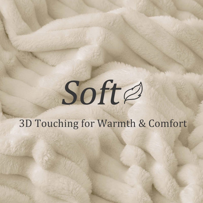 BEDELITE Blankets Queen Size for Bed, 300GSM Soft & Warm Fleece Blanket, Decorative and Giftable Striped Beige Blankets for Women, Men, 90"x90" - Image 4