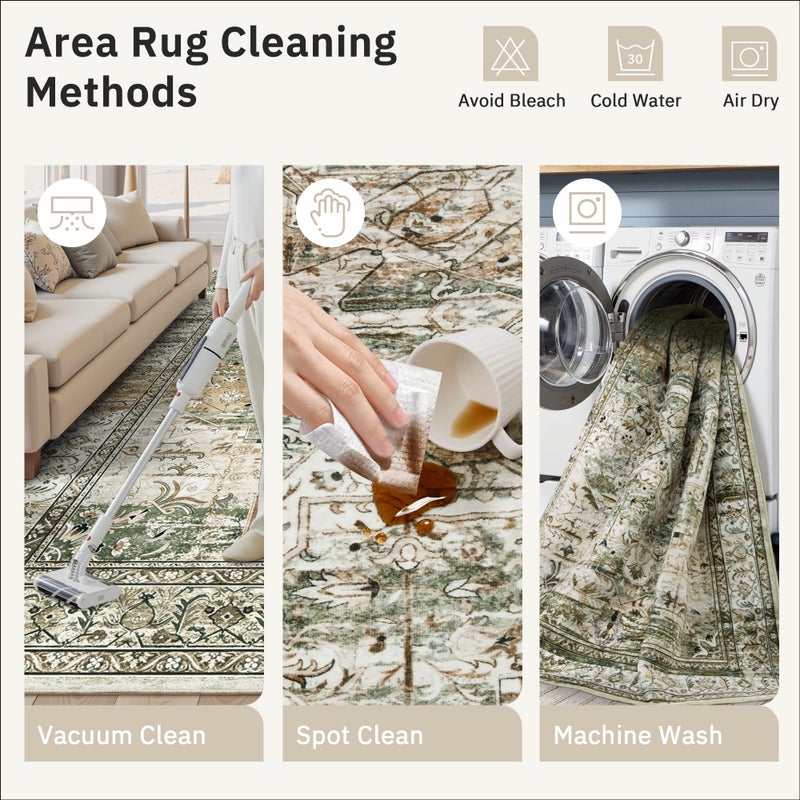 Soalmost 9x12 Area Rugs for Living Room, Non Slip Machine Washable Vintage Rugs, Low Pile Lightweight Large Rug for Bedroom, Dining Room, Home Office Olive - Image 5