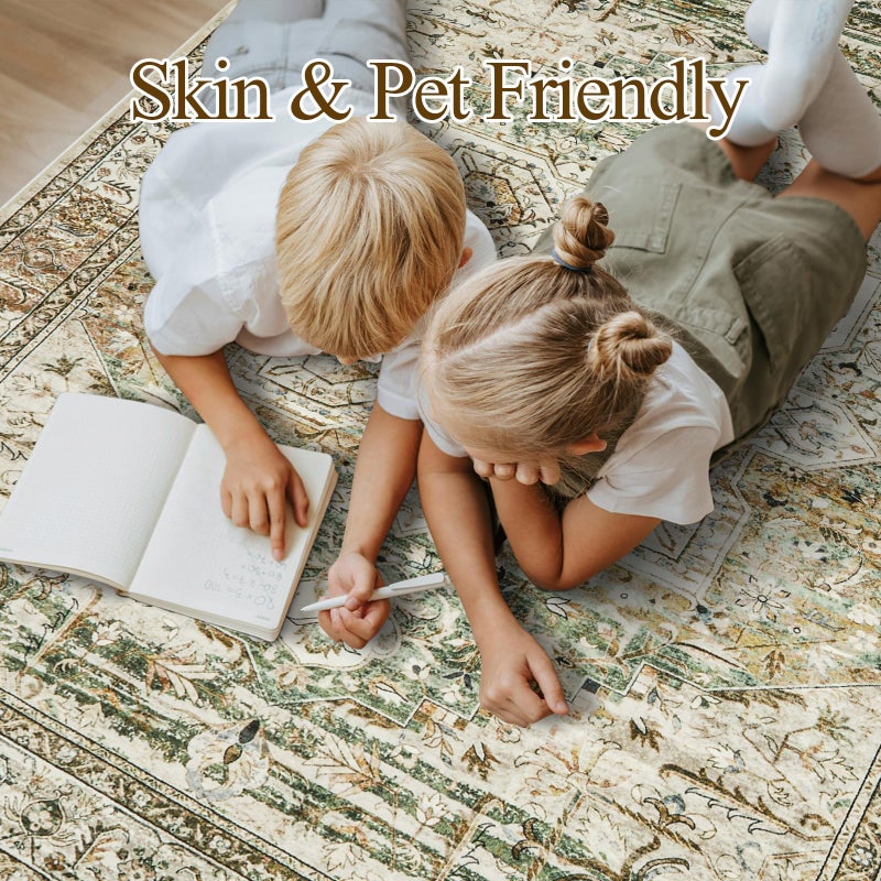 Soalmost 9x12 Area Rugs for Living Room, Non Slip Machine Washable Vintage Rugs, Low Pile Lightweight Large Rug for Bedroom, Dining Room, Home Office Olive - Image 3