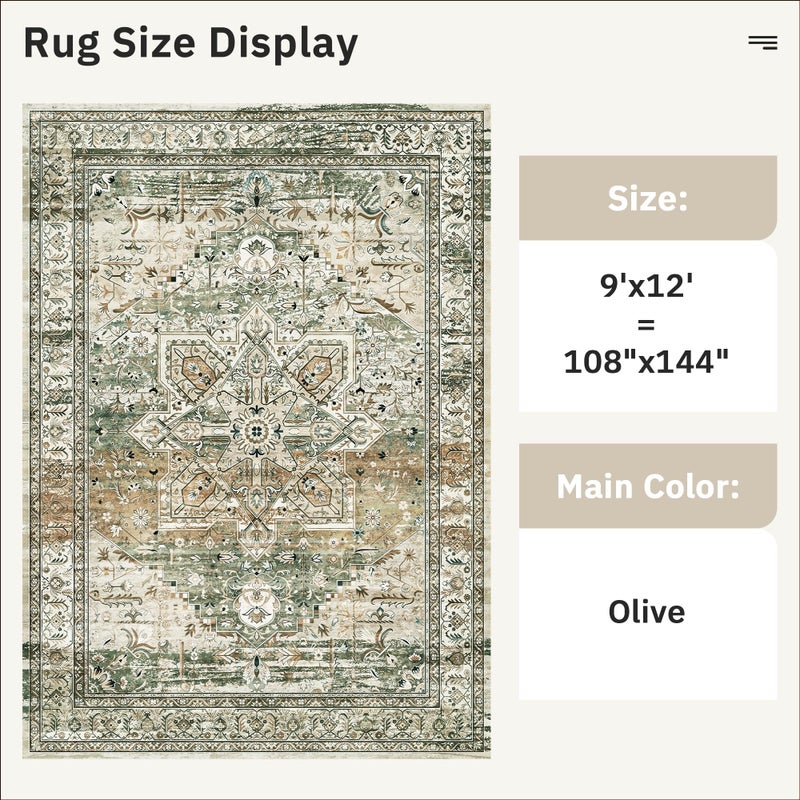 Soalmost 9x12 Area Rugs for Living Room, Non Slip Machine Washable Vintage Rugs, Low Pile Lightweight Large Rug for Bedroom, Dining Room, Home Office Olive - Image 4